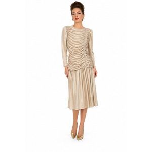 Vintage Claralura Original‎ Ruched Metallic Gold Midi Dress Long Sleeve 80s Glam